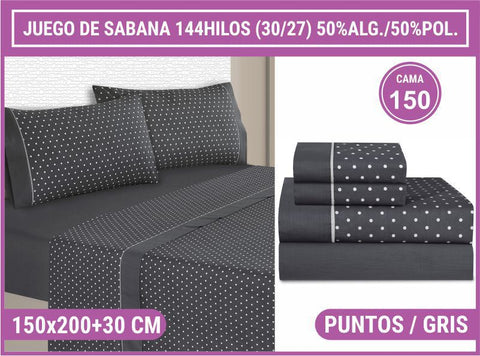 Juego de Sábanas 150cm Puntos Gris 50% Algodón 50% Poliéster