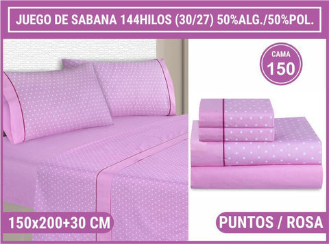 Juego de Sábanas 150cm Puntos Rosa 50% Algodón 50% Poliéster